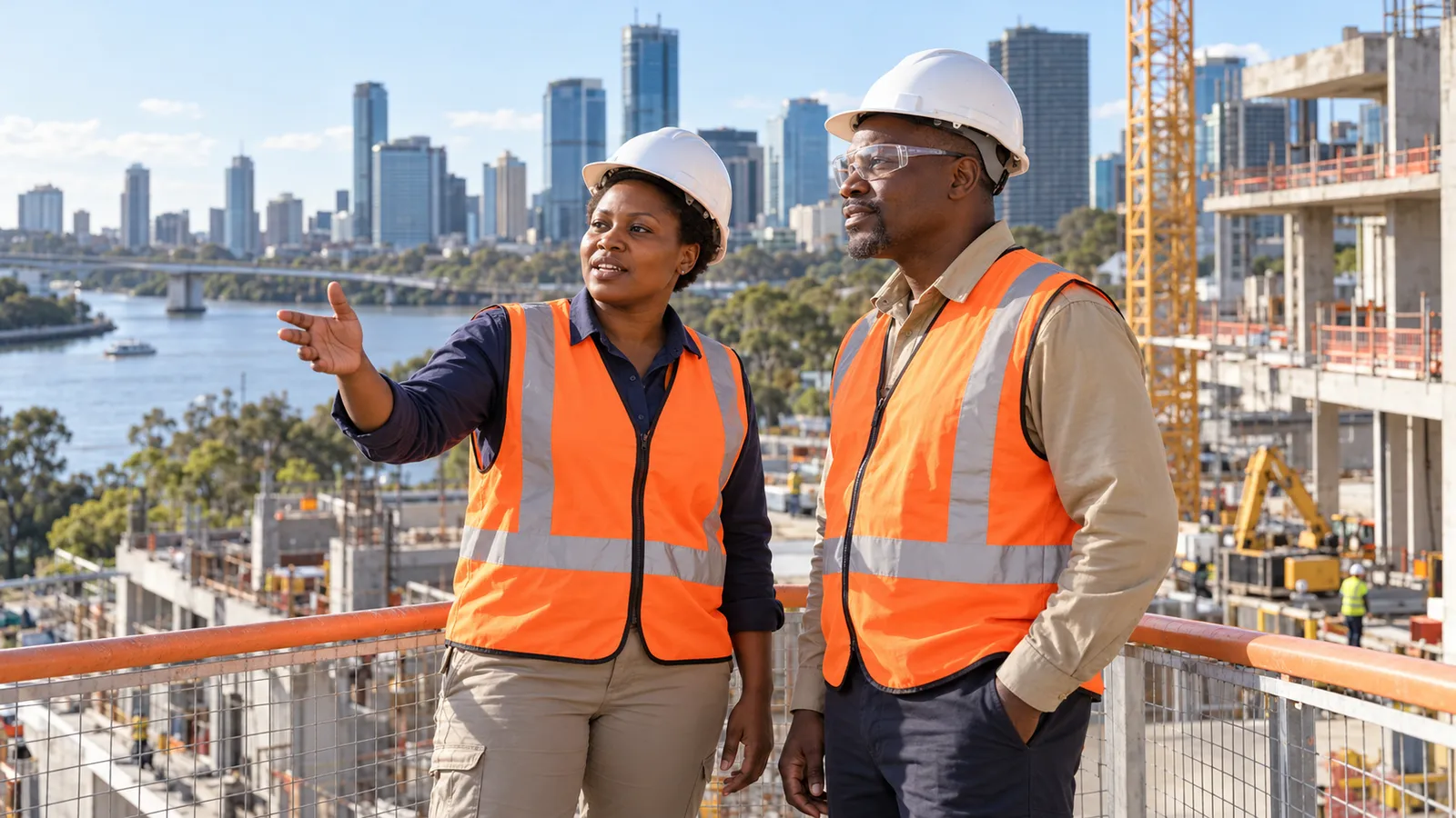 Two Zimbabwean engineers in hard hats and orange safety vests discuss a riverside construction site in Brisbane.