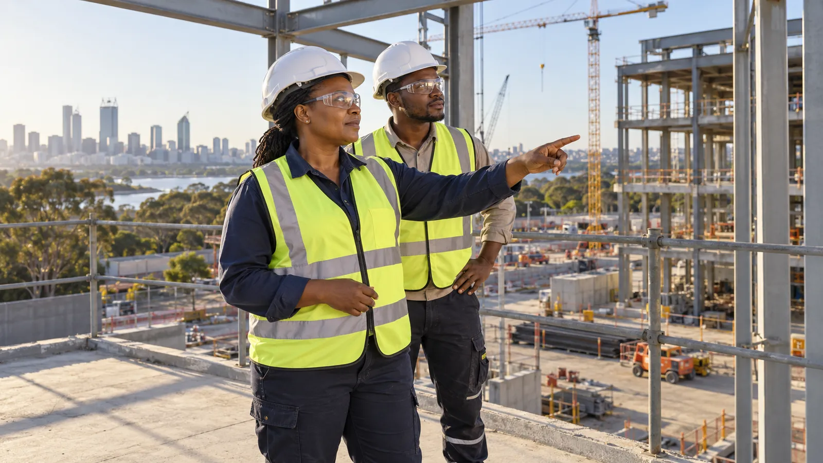 Two workers in hard hats and high-visibility vests survey a construction site overlooking Perth’s skyline.