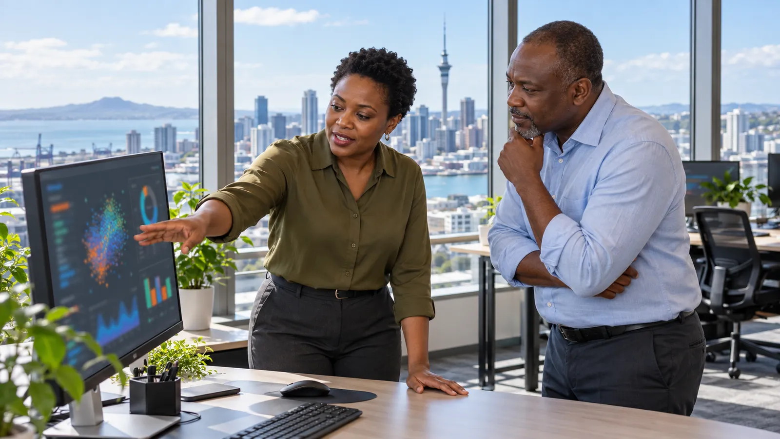 Two Zimbabwean professionals review a desktop display in a sunlit office overlooking Auckland’s skyline.