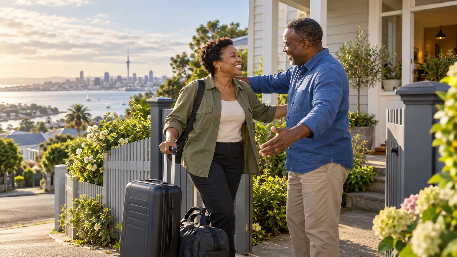 A woman with luggage receives a warm welcome outside a home overlooking Auckland harbour.
