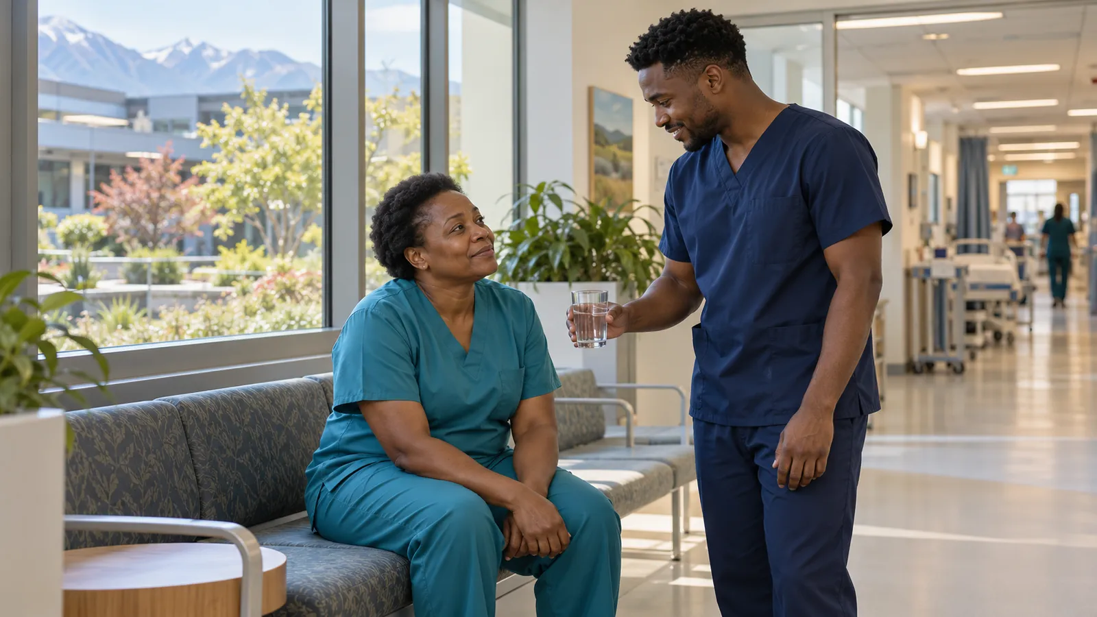 A nurse offers water to a seated colleague in a sunlit hospital alcove with mountains visible outside.