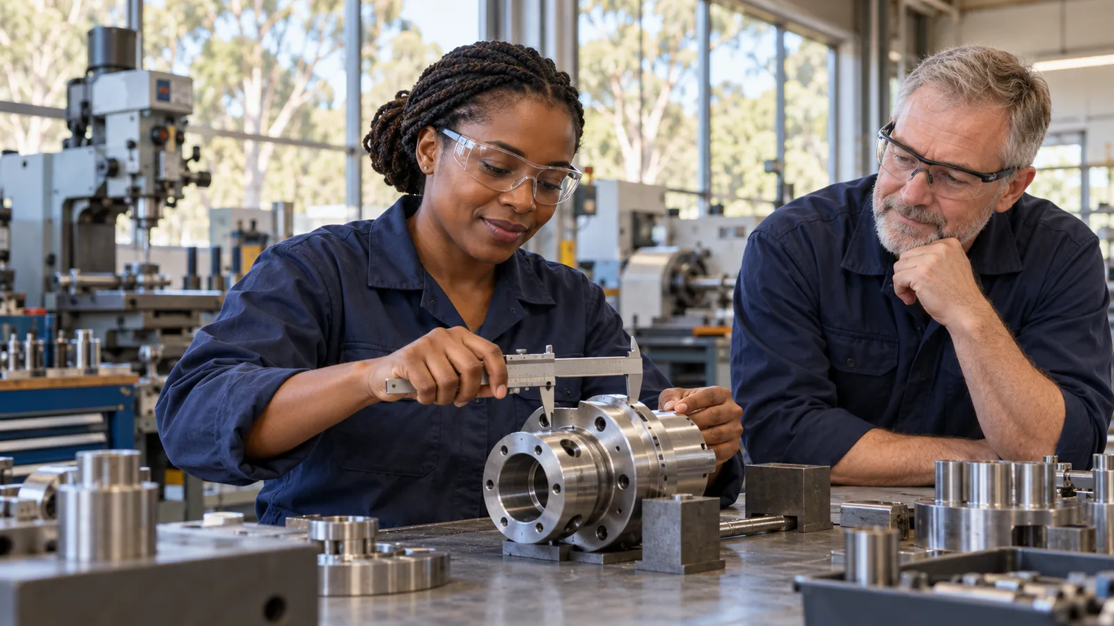 A woman measures a metal component with calipers while a colleague watches in a sunlit workshop.