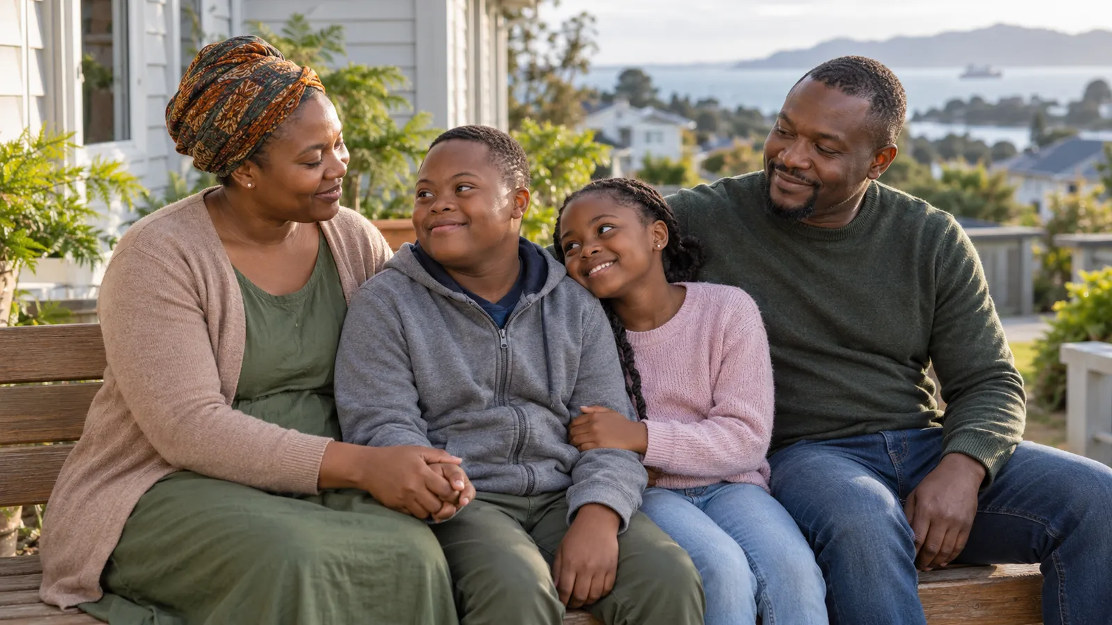 A family of four sits close together on a wooden bench outside a sunlit home overlooking the coast.