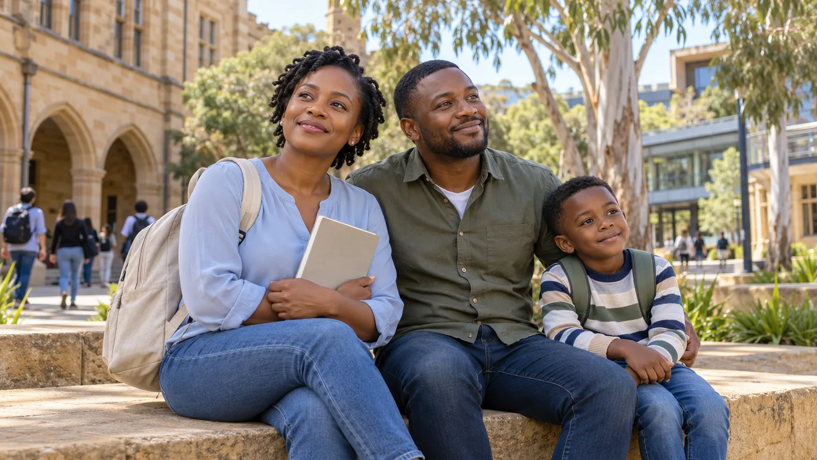 A Zimbabwean student sits with her partner and child in a sunlit Australian university courtyard.