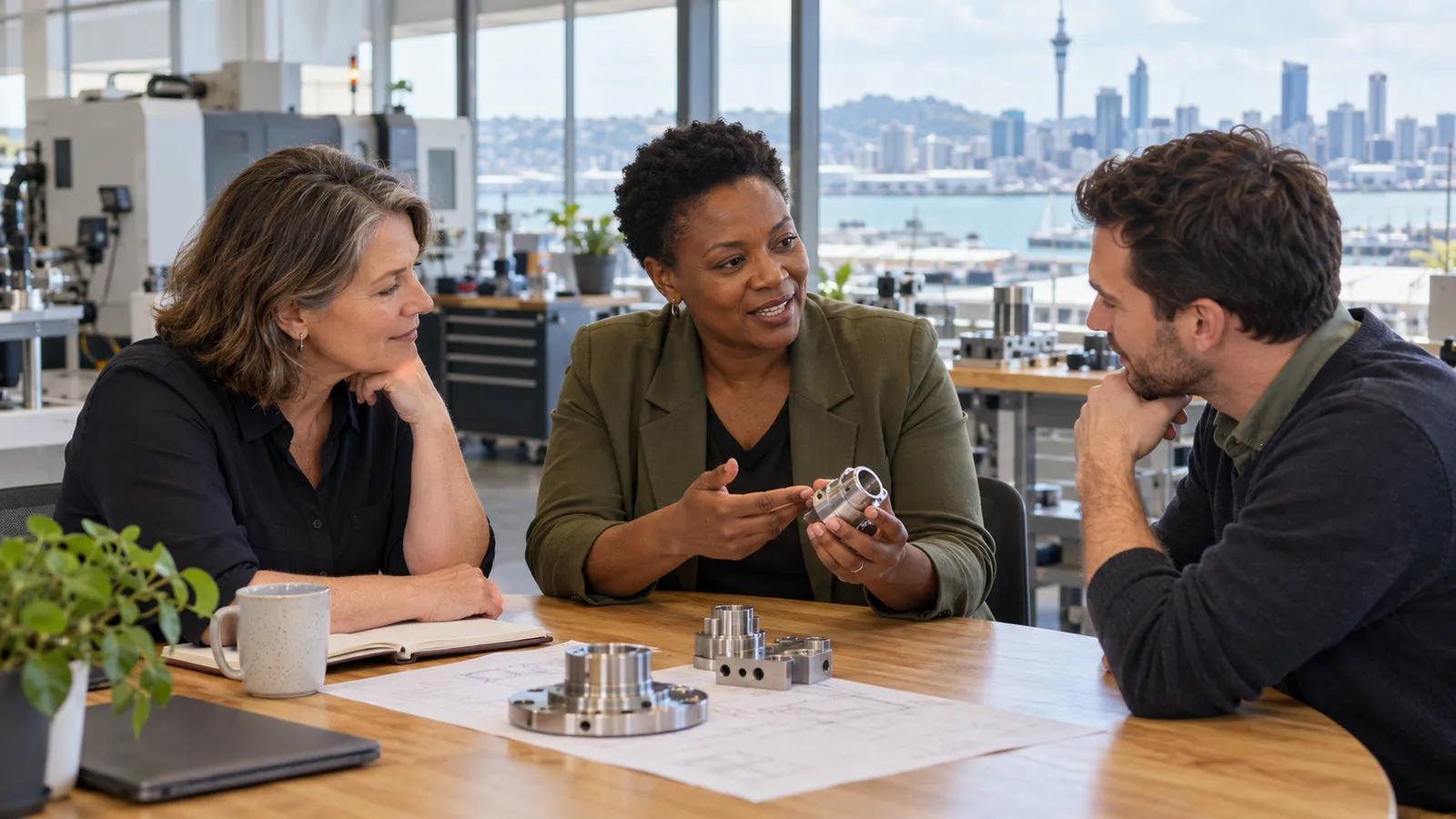 A Zimbabwean entrepreneur discusses a metal component with two colleagues in a sunlit Auckland workshop.