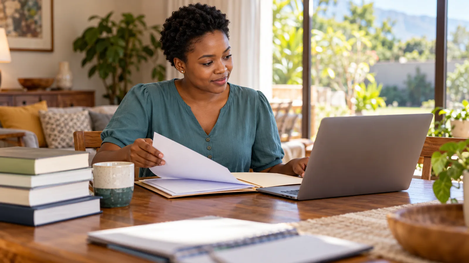 A woman reviews papers beside a laptop at a wooden table in a bright, plant-filled home.