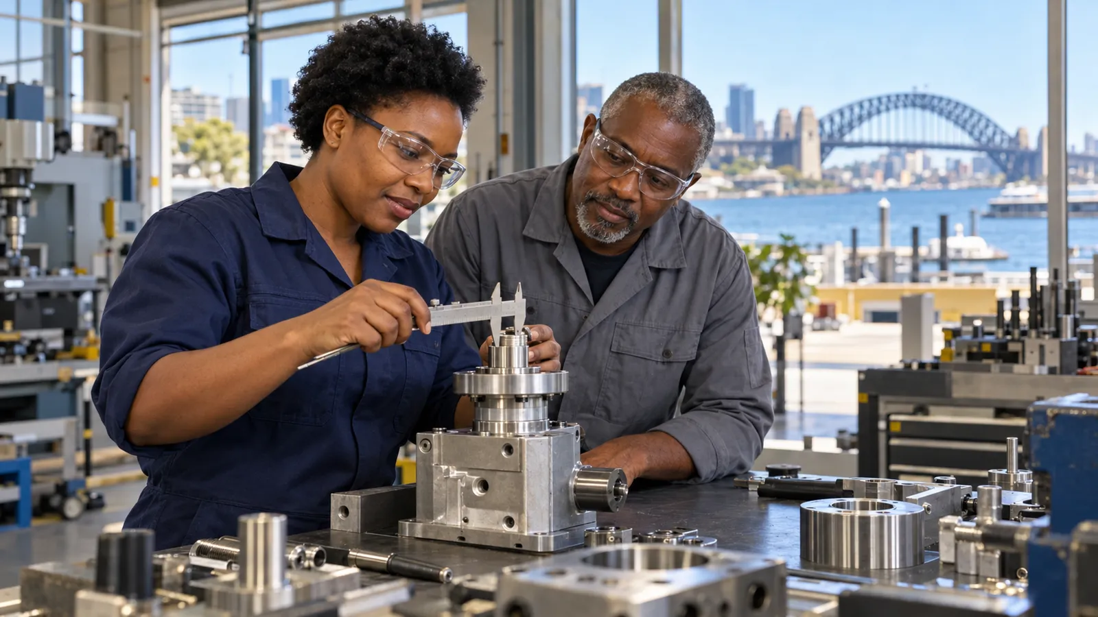 Two engineers measure a metal component in a sunlit workshop overlooking Sydney Harbour Bridge.