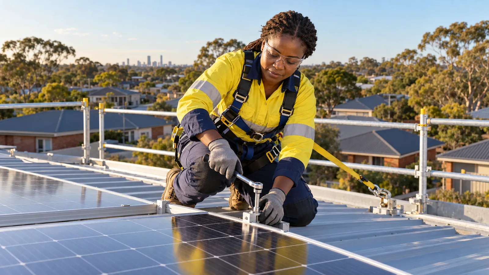 A woman in protective workwear secures solar panels on a sunlit Australian suburban rooftop.
