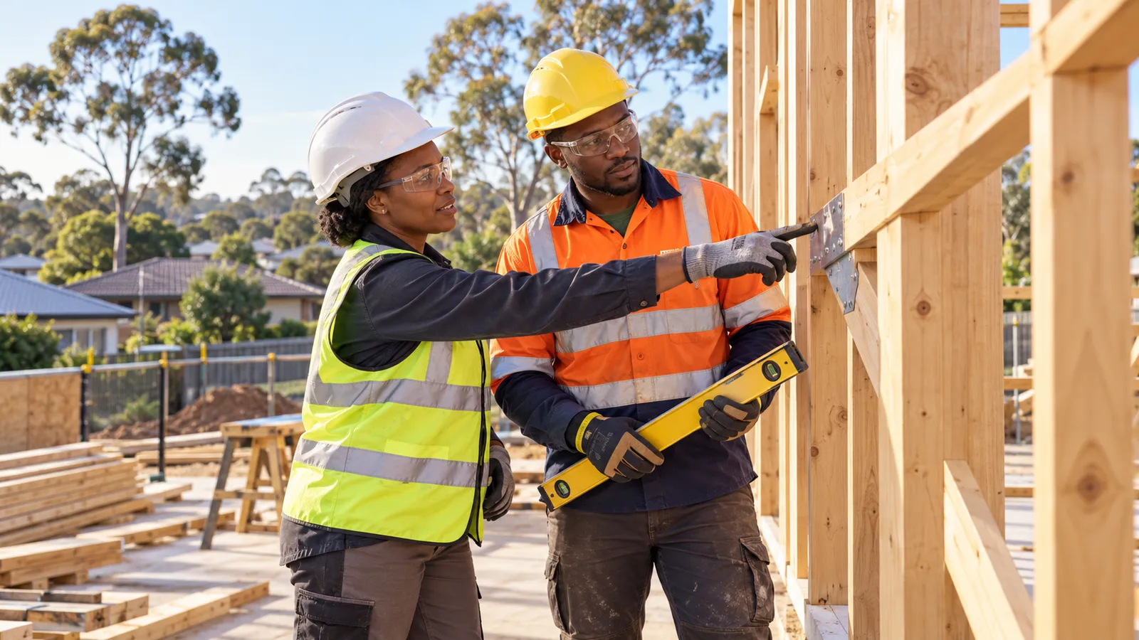 Two construction professionals in safety gear inspect a timber house frame at a sunlit Australian building site.
