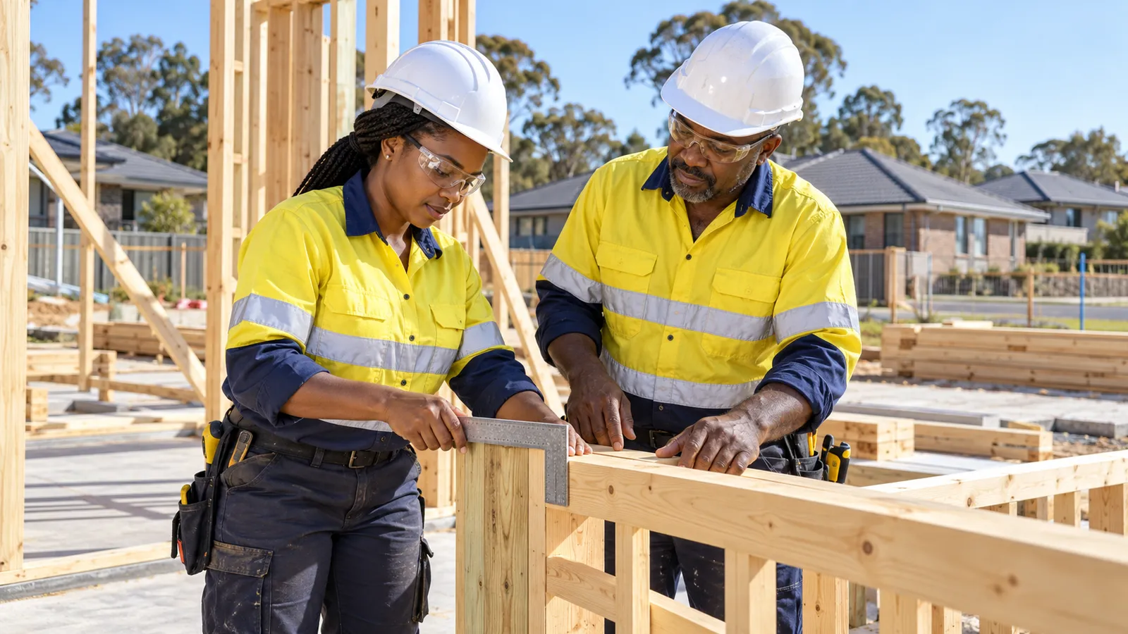 Two tradespeople in hard hats check a timber joint at a sunlit Australian home construction site.