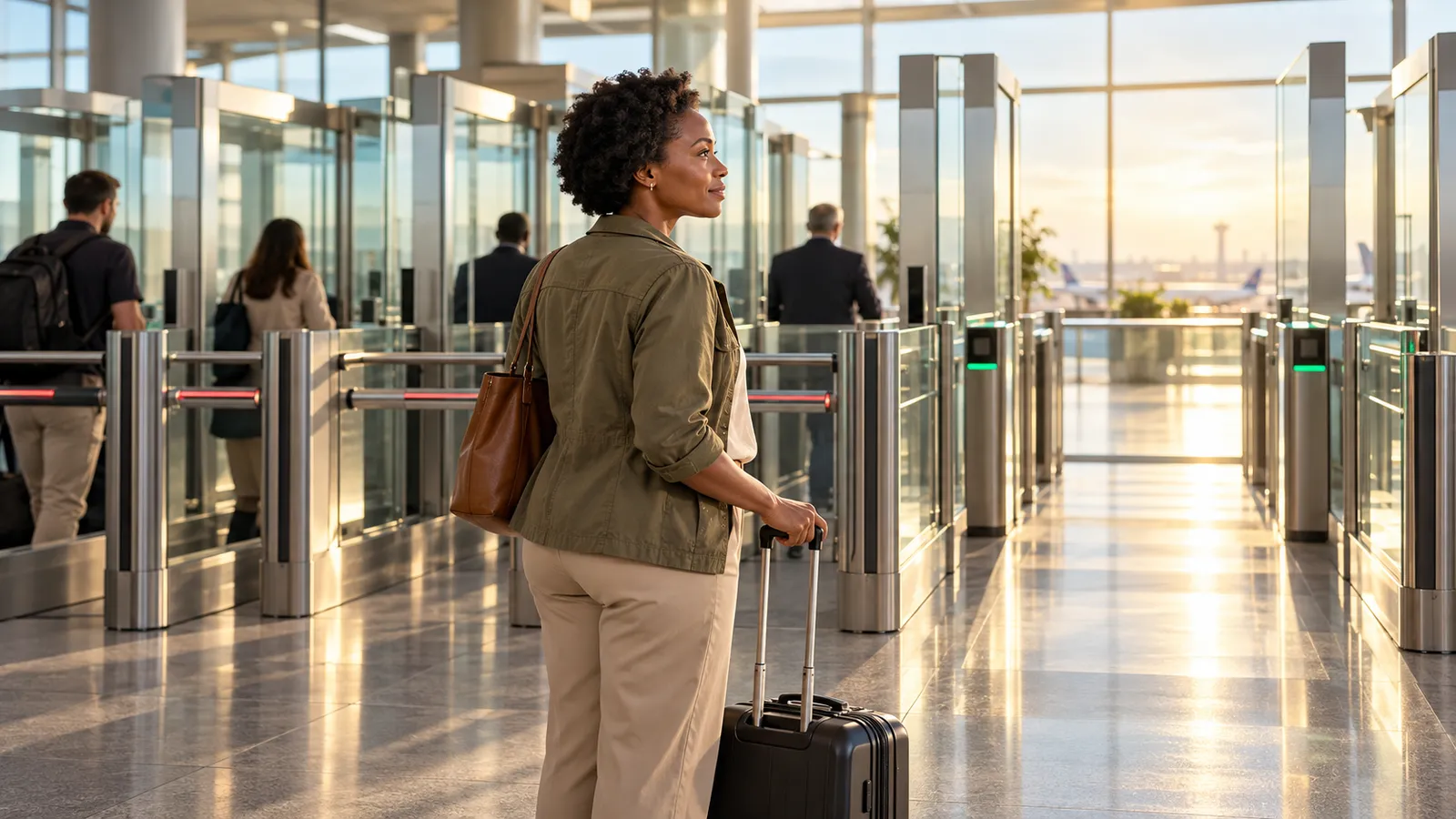 A Zimbabwean woman with a suitcase stands beside glass airport gates in warm natural light.