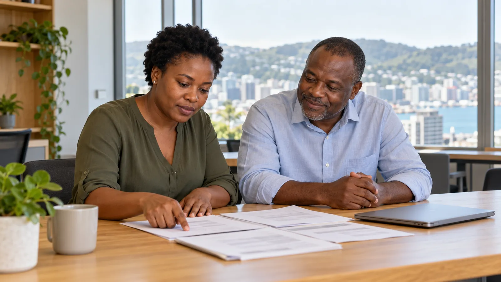 Two Zimbabwean adults review paperwork beside a closed laptop in a sunlit office overlooking Wellington.