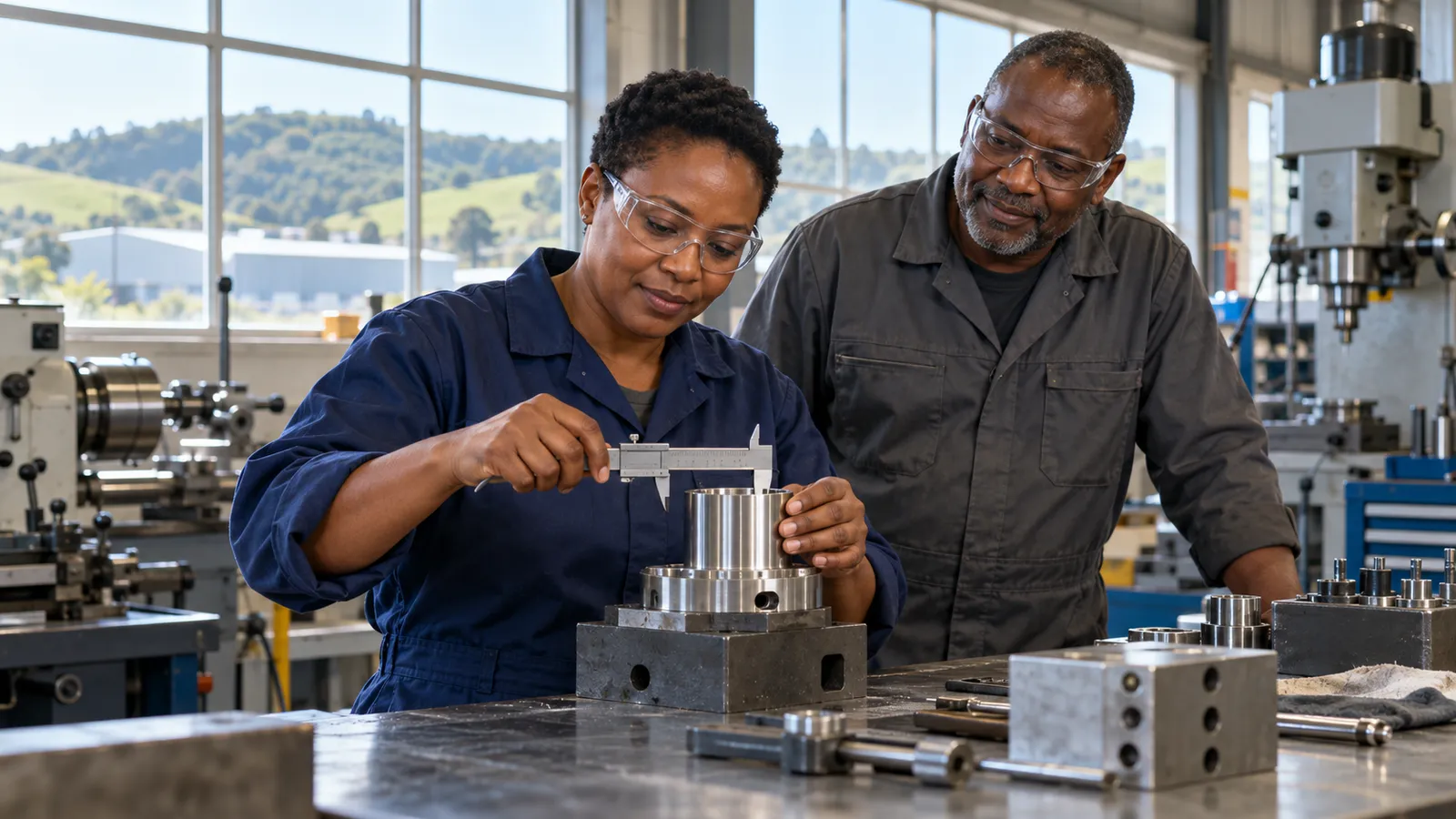 Two technicians inspect a metal component with calipers in a sunlit New Zealand workshop.