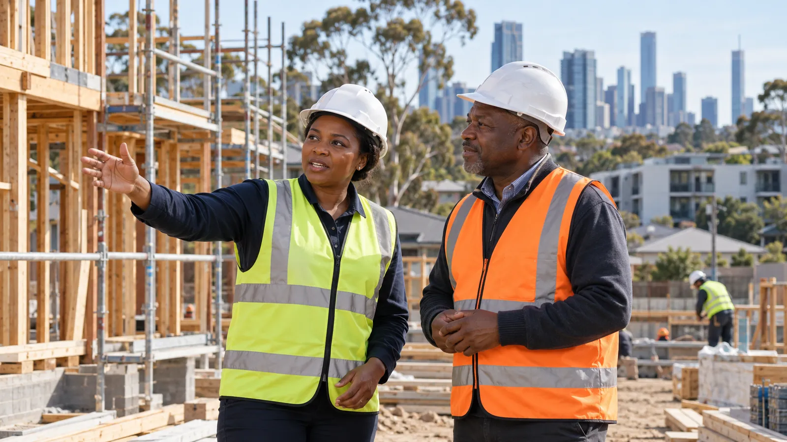 Two construction professionals in hard hats discuss timber framing at a sunlit Australian building site.