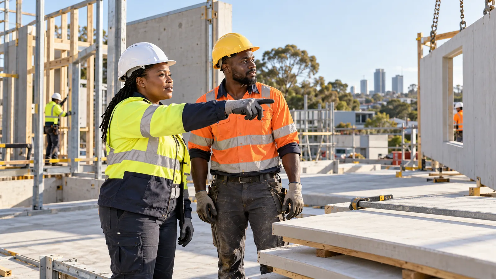 Two construction professionals in safety gear coordinate work beside concrete panels at a sunlit Australian building site.