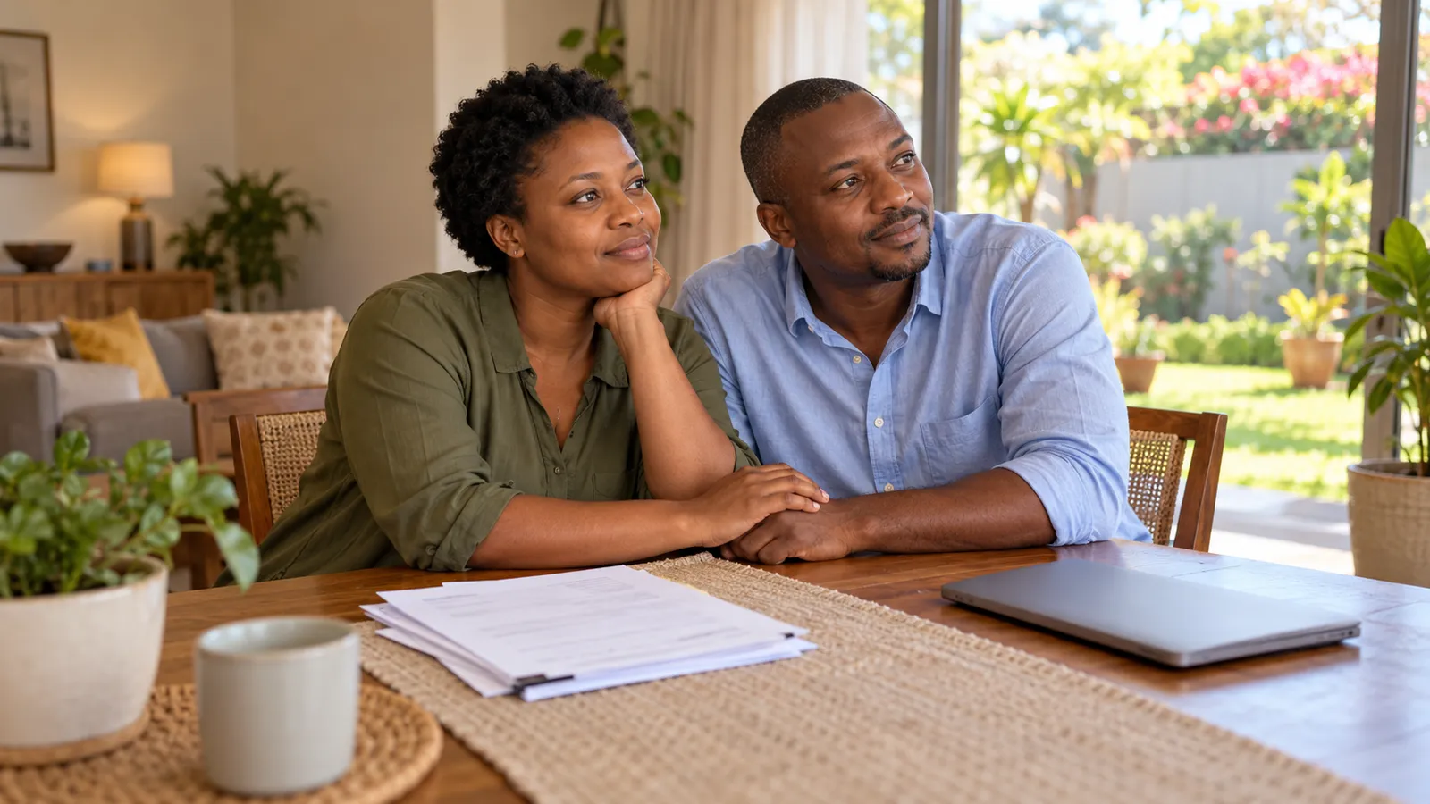 A Zimbabwean couple hold hands at a sunlit dining table with paperwork and a closed laptop.