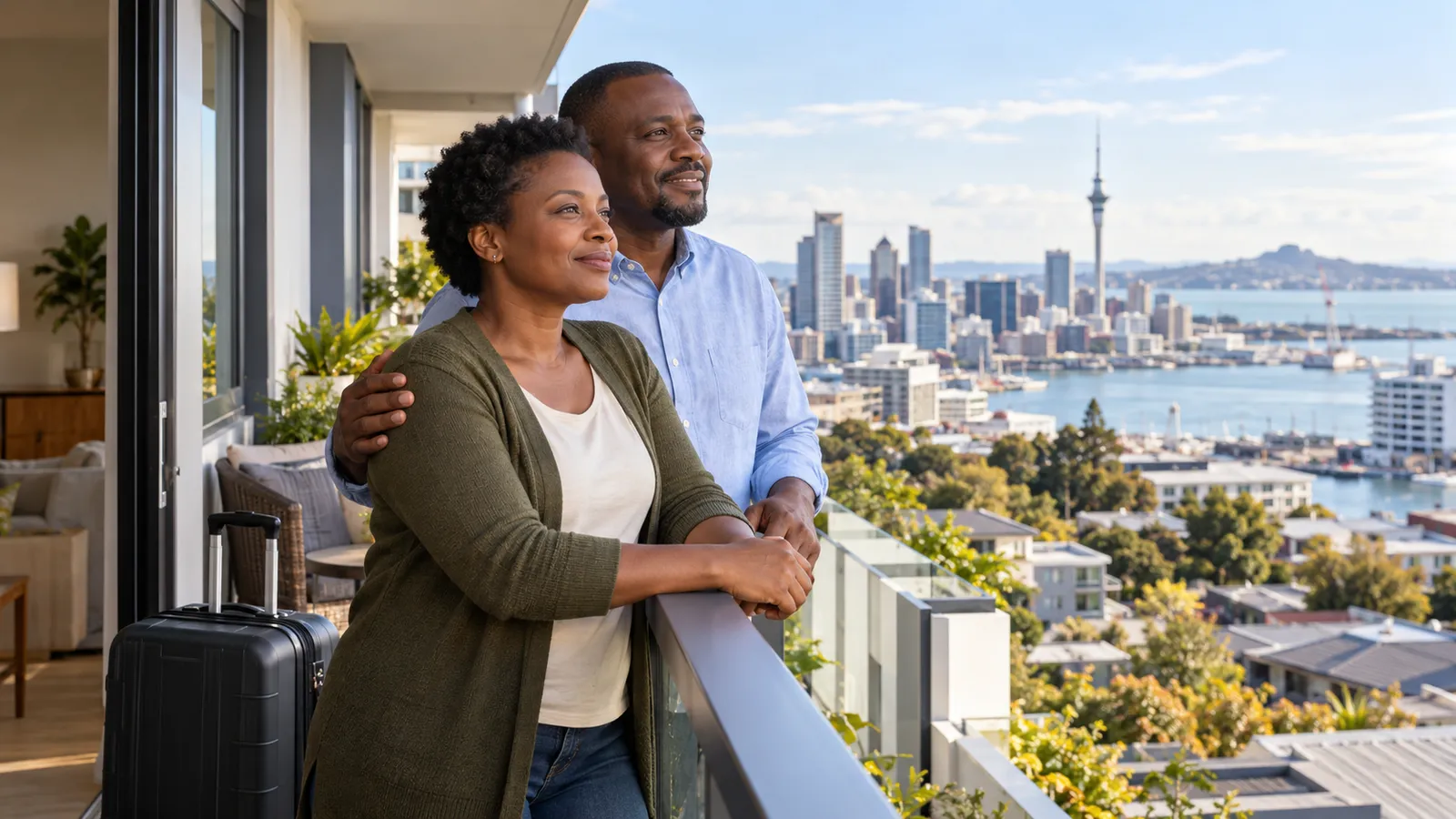 A couple stands beside a suitcase on a sunny apartment balcony overlooking Auckland’s skyline and harbour.