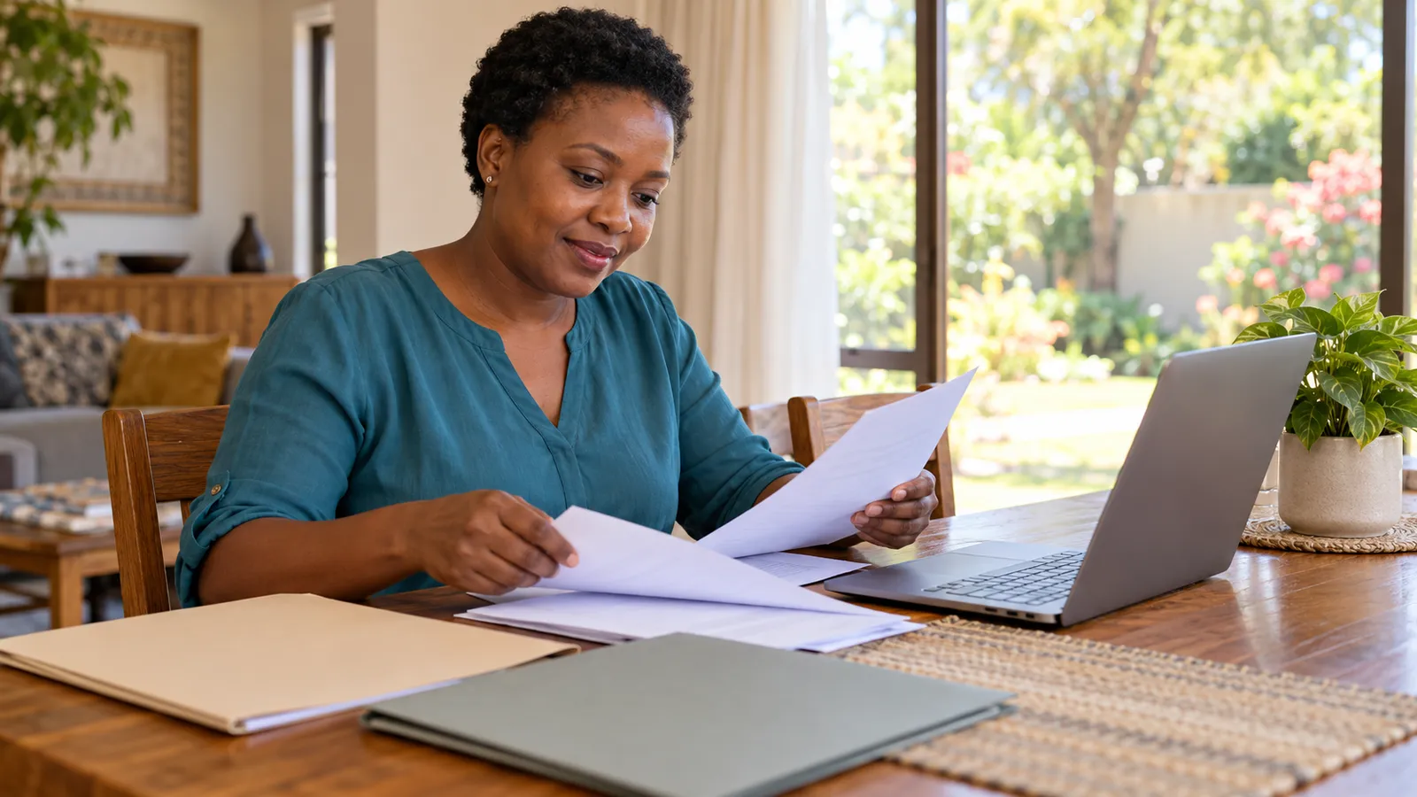 A woman in a teal blouse sorts paperwork beside a laptop at a wooden table in a sunlit home.