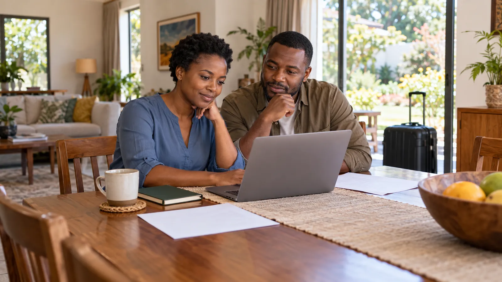 A Zimbabwean couple reviews a laptop at a sunlit dining table, with papers nearby and a suitcase behind them.