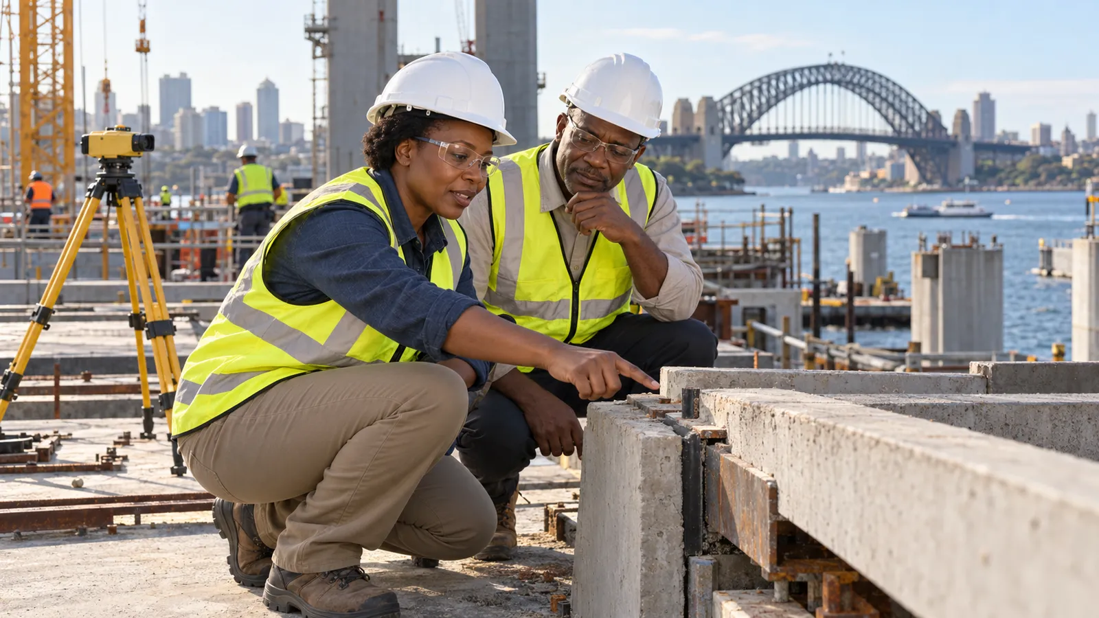 Two engineers in hard hats inspect a concrete joint at a construction site beside Sydney Harbour Bridge.