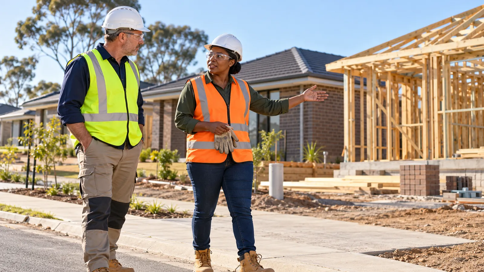 Two construction professionals in safety gear discuss a timber-framed house at a sunny Australian building site.