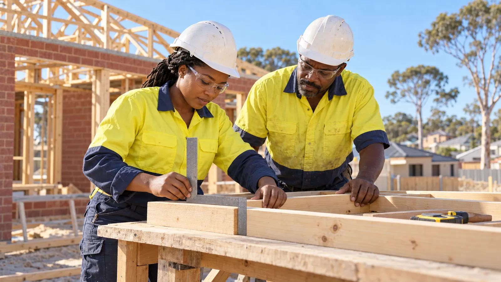 Two carpenters in safety gear check a timber frame at a sunlit Australian housing construction site.