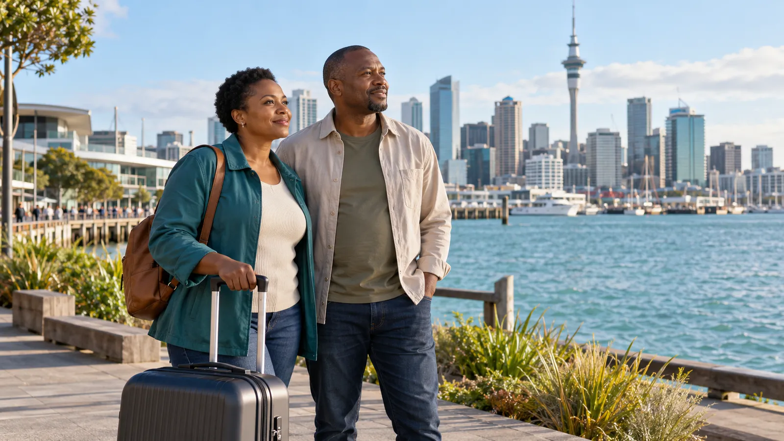 A Zimbabwean couple stands with a suitcase on Auckland’s sunny waterfront, with the Sky Tower behind them.