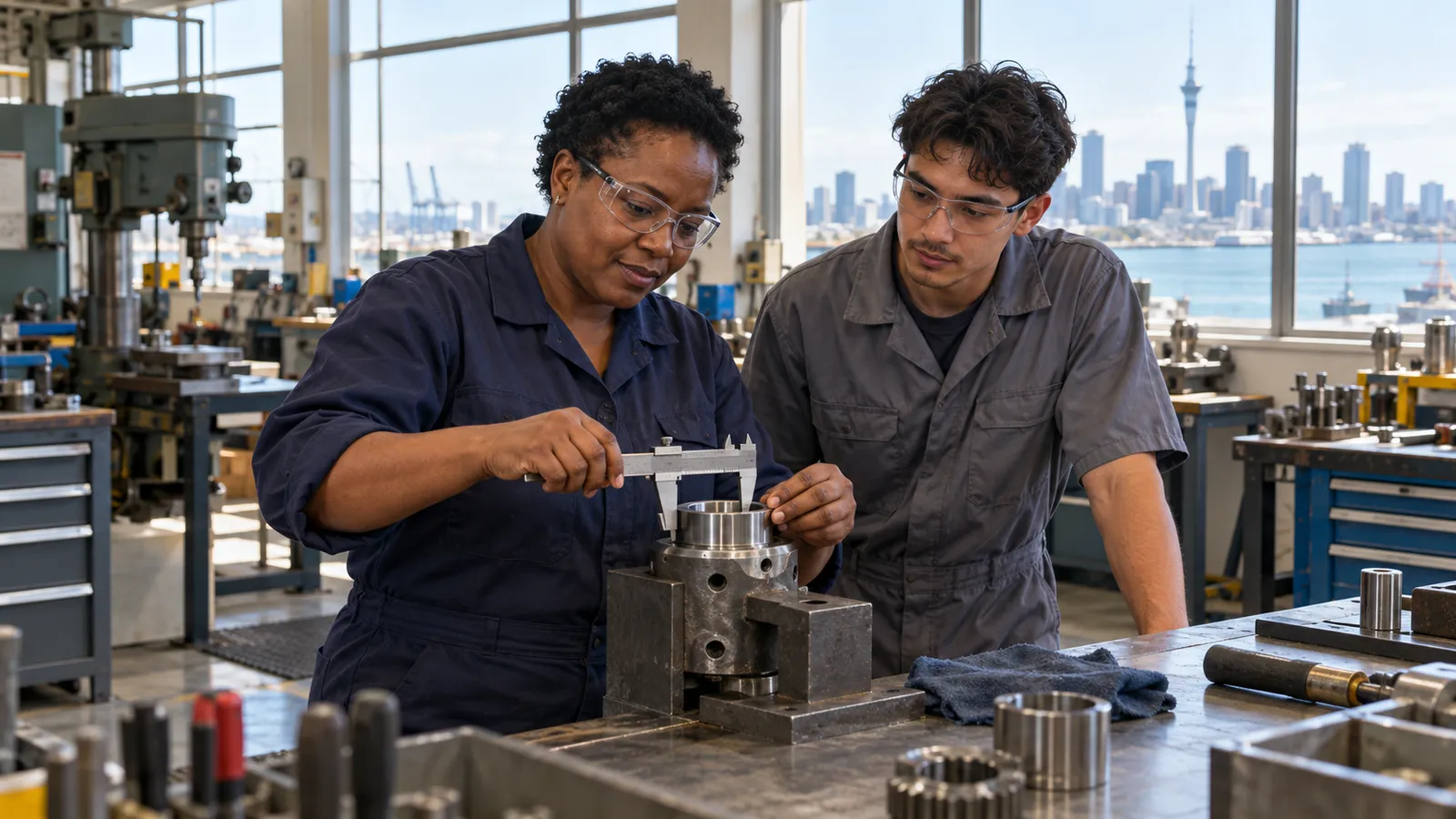 A Zimbabwean tradeswoman demonstrates precision measuring to an apprentice in a sunlit Auckland workshop.