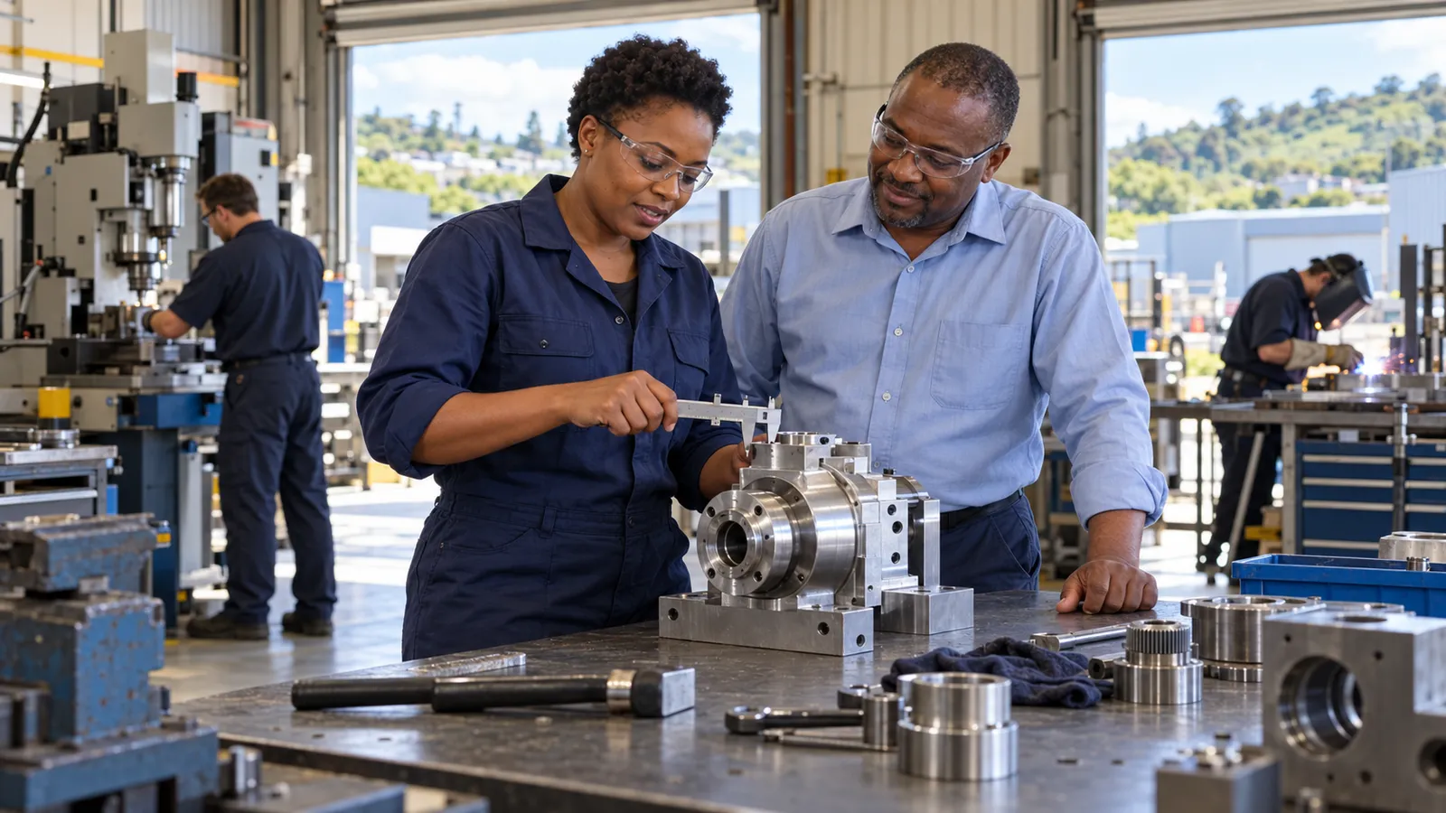 Two colleagues wearing safety glasses inspect a metal assembly in a sunlit New Zealand workshop.