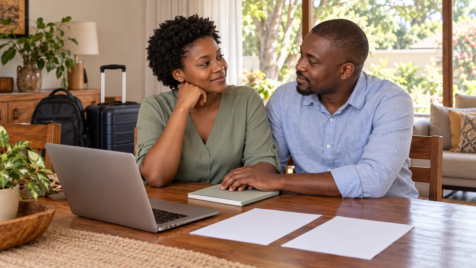 A Zimbabwean couple sit together at a sunlit table with a laptop, blank papers and luggage nearby.
