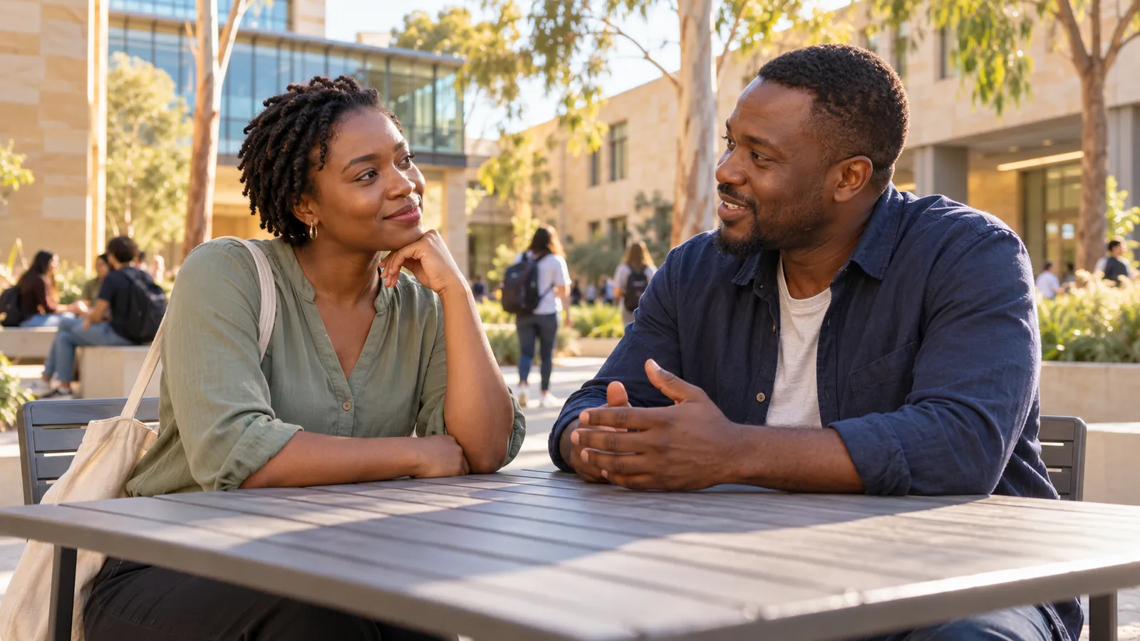 Two students share a relaxed conversation at an outdoor table in a sunlit Australian university courtyard.