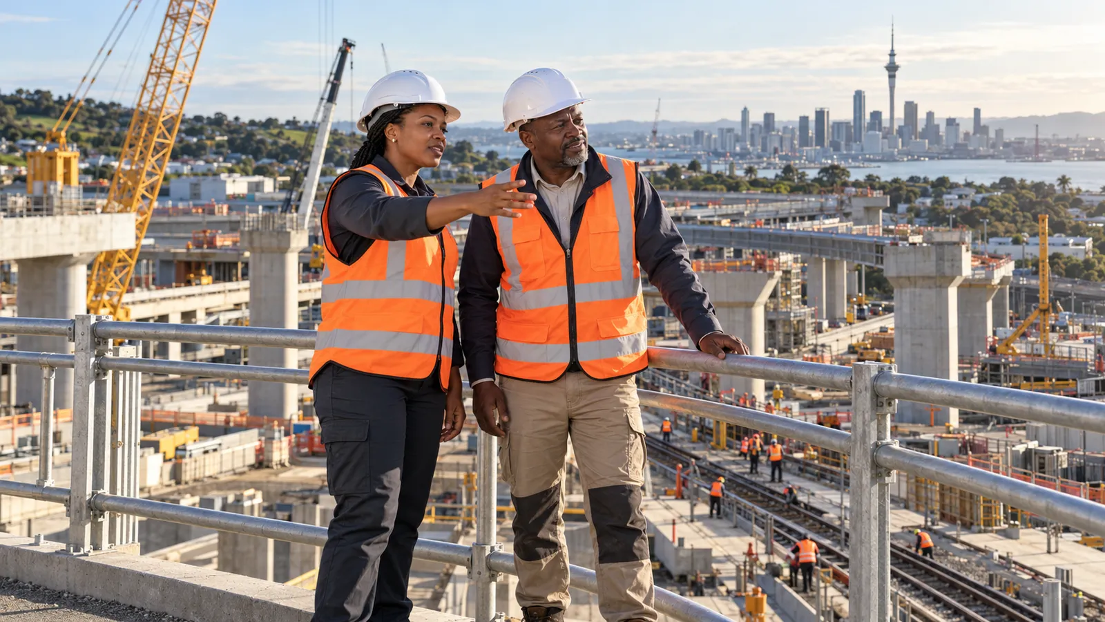 Two construction professionals in safety gear survey a busy rail construction site overlooking Auckland’s skyline.