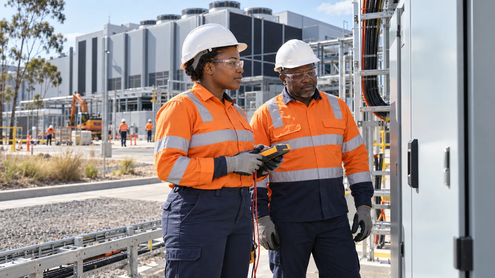 Two electricians in orange safety gear inspect an electrical cabinet outside an Australian data centre.