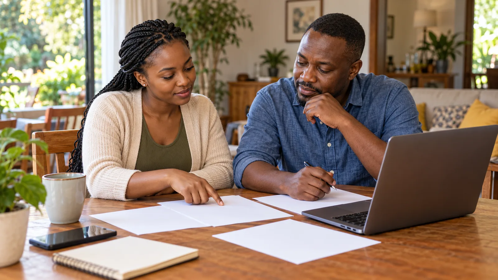 A Zimbabwean woman and man review papers beside a laptop at home while planning study in Australia.