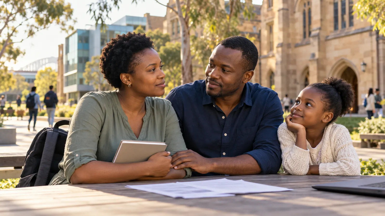 A Zimbabwean student sits with her husband and daughter at a sunlit Australian university campus table.