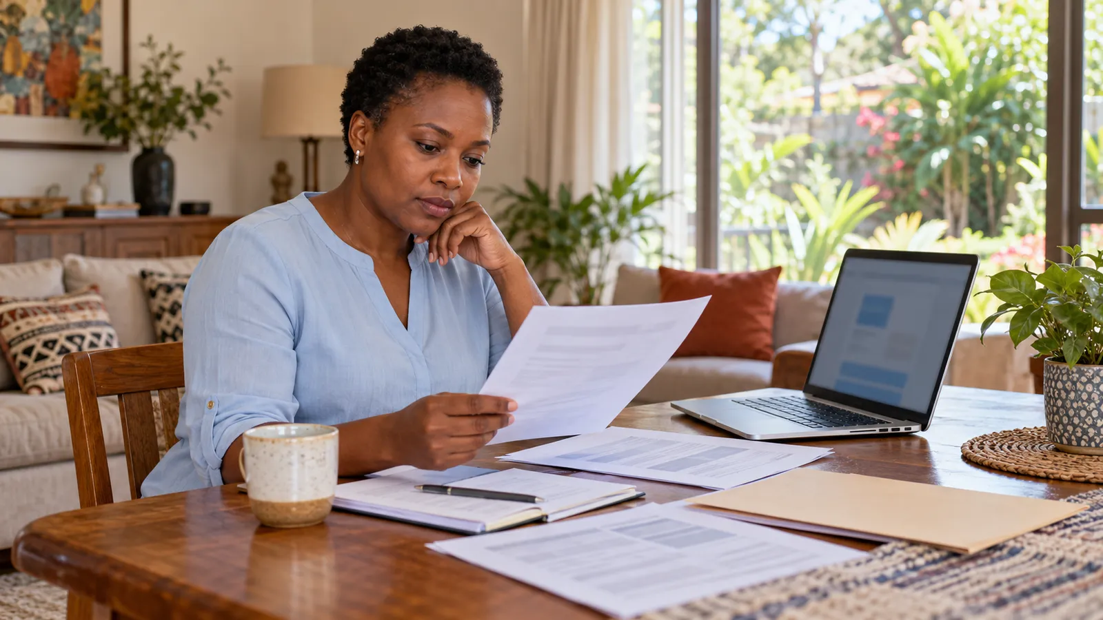 A woman reviews paperwork beside an open laptop at a wooden table in a sunlit home.